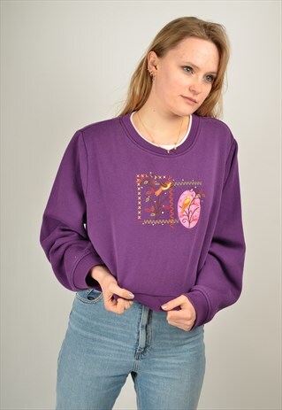 VINTAGE ANIMAL EMBROIDERED CROPPED SWEATSHIRT PURPLE
