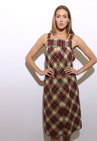 VINTAGE 1970'S 70'S PLAID FLANNEL JUMPER TARTAN DRESS OS