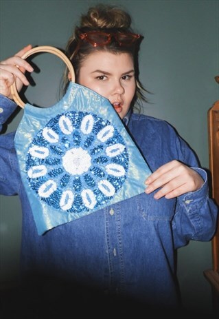 VINTAGE WOODEN HANDLE BAG TOP HANDLE BLUE SEQUINS GLITTER