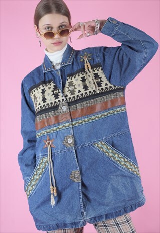 VINTAGE DENIM JACKET WITH SHAPE PATTERNS AND TASSEL DETAIL