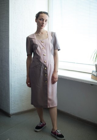 VINTAGE 80'S BROWN/PINK COLOUR BLOCK MIDI DRESS