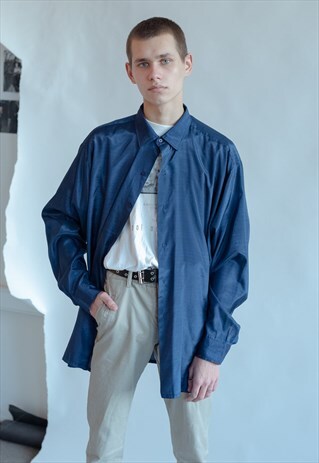 VINTAGE 90S GRUNGE BLUE PARTY SHIRT IN LONG SLEEVE
