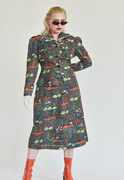 Vintage 60s Forest Pattern Long Sleeve Blazer&Skirt Dress L