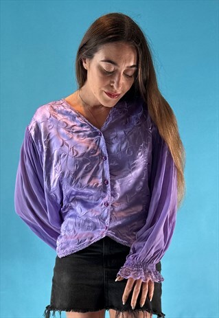 VINTAGE 1970S PURPLE TEXTURED BLOUSE WITH BALLOON SLEEVES.