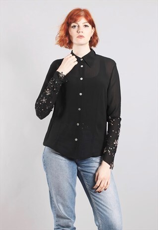 VINTAGE 90S SHEER BLACK BEADED SLEEVE BLOUSE