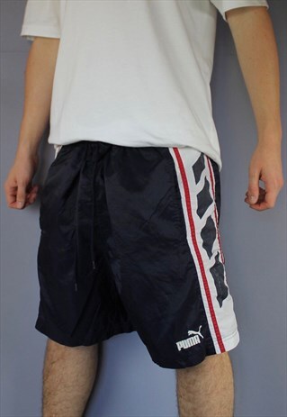 VINTAGE PUMA SHORTS IN NAVY WITH POCKETS, EMBROIDERED LOGO A