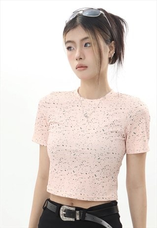 Paint splatter crop top dot print t-shirt grunge top in pink