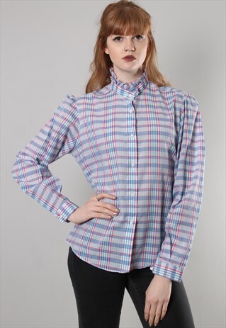 VINTAGE 80S VICTORIANA RUFFLE CHECK BLOUSE