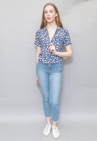 VINTAGE 1990'S BLUE FLORAL ZIP UP SHIRT