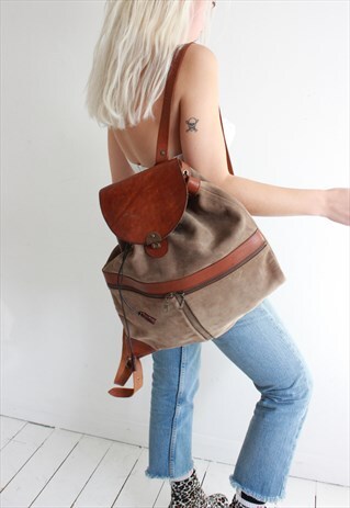 VINTAGE 90S BROWN SUEDE & LEATHER RUCKSACK BACKPACK
