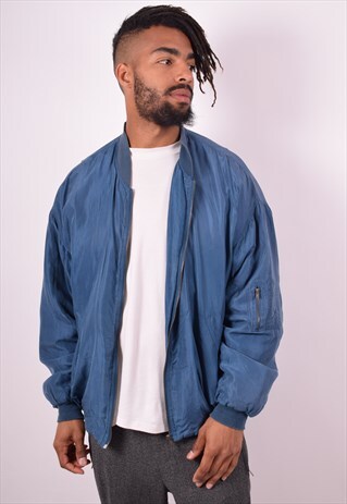 MENS VINTAGE SILK BOMBER JACKET LARGE BLUE 90S
