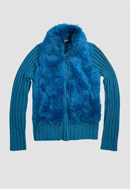 Vintage Y2k Fur Jacket Zip Up Cardigan Jumper Chunky 2000s