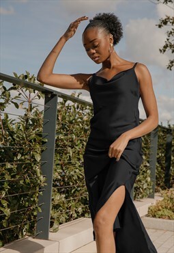 Black Cowl Neck Strap Slip Midi Dress