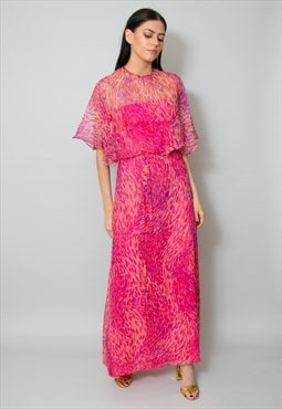 70's Vintage Maxi Dress Pink Orange Print Caped Sleeve