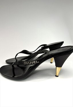Chanel Heels Mules 39.5 / 6.5 Sandals Black Gold CC Logo 