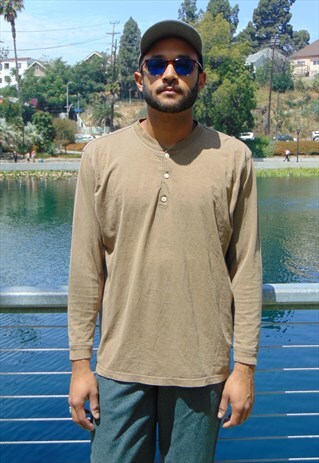 90S SKATER GRUNGE LONG SLEEVE BROWN HENLEY SHIRT LARGE