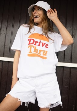 Drive Thru Women's Slogan T-Shirt with Burger Graphic