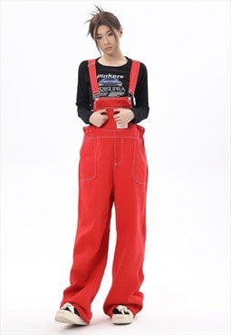 Denim dungarees red jean overalls retro jumpsuit bright suit