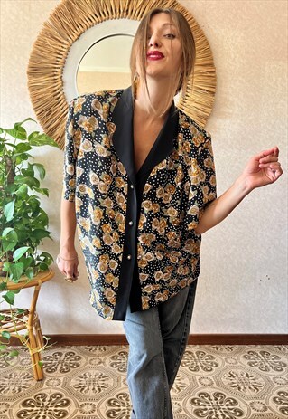 1980's vintagepolkadot blouse with tan floral print