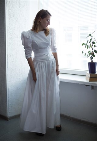 VINTAGE 70'S WHITE MAXI PUFF SLEEVED WEDDING DRESS