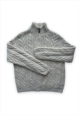 Mens Crew Knit Jacket Cardigan Cream cable knit high neck