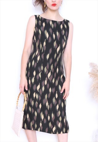 VINTAGE 90S BROWN LEAF PRINT MIDI DRESS