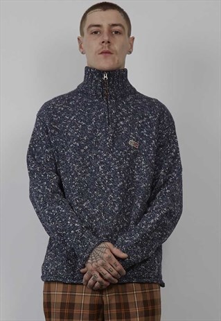 VINTAGE 90'S NAPAPIJRI BLUE SPECKLED KNITTED ZIP-UP JUMPER