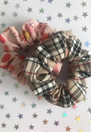 FIVER DEAL HANDMADE CARAMEL TARTAN AND STRAWBERRY SCRUNCHIE