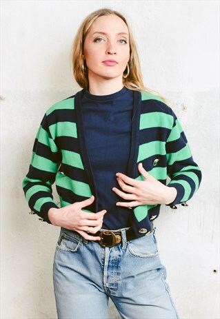 VINTAGE 80S BLUE AND GREEN STRIPE CROP CARDIGAN
