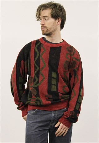 VINTAGE 1980S RED AND BLACK PATTERNED JUMPER