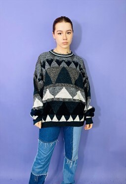 Vintage 90s Abstract Patterned Chunky Knit Grandad Jumper