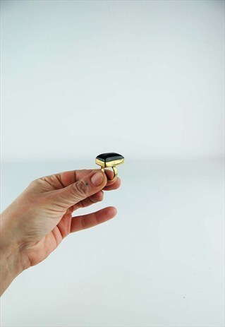 VINTAGE ETHNIC BOHO BLACK RECTANGULAR STONE RING-L