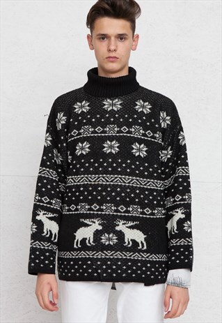 VINTAGE BLACK TURTLE ROLL NECK CHRISTMAS JUMPER SWEATER