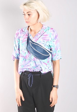 VINTAGE 80S BLUE CANVAS FAUX LEATHER BELT BUM BAG BUMBAG