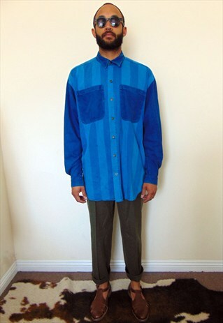 90S MINIMALIST CLASSIC TEAL DENIM VERTICAL STRIPE SHIRT XL
