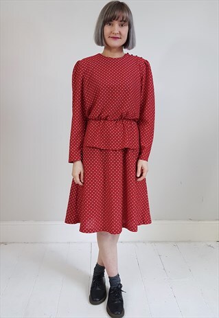 VINTAGE 80'S RED PATTERNED PEPLUM DRESS