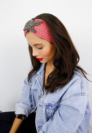 PINK SILVER BEADED RIBBED KNITTED TURBAN HEADBAND