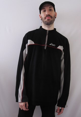 VINTAGE ASICS THIN BLACK GREY FLEECE LIGHTWEIGHT SWEATSHIRT