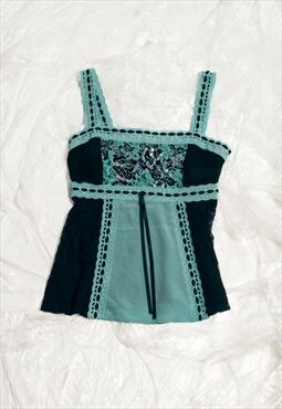 Vintage Y2K Silk Top in Black and Turquoise Fairycore