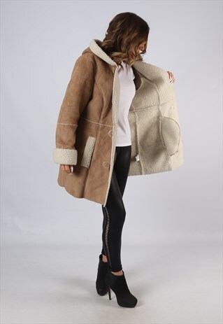 VINTAGE FAUX SHEEPSKIN SUEDE EFFECT COAT HOODED UK 14 (FAEB)