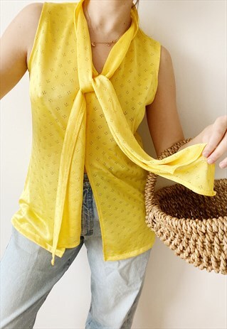 VINTAGE 60S CITRUS REVIVAL MOD KNIT PUSSYBOW TOP BLOUSE