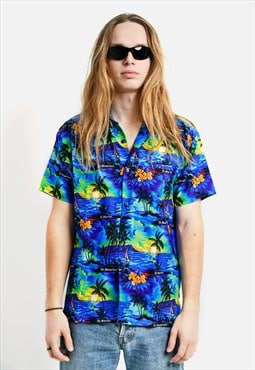 Vintage Hawaiian men's shirt 90s printed palm beach sunset