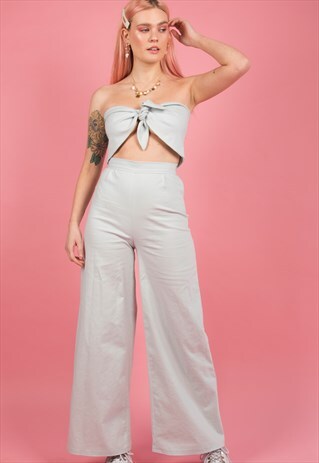 LIGHT BLUE WIDE LEG LINEN TROUSERS WITH HIGH WAIST FIT