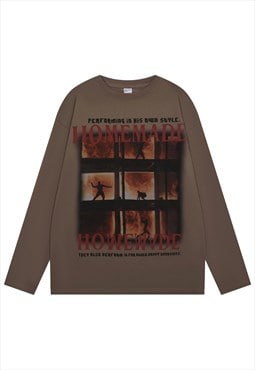 Flame print t-shirt fire tee long sleeve burning man top