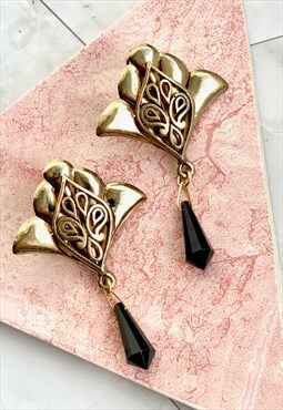 90s Silver & Black Drop Statement Earrings Vintage Jewellery