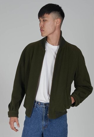 VINTAGE 90S BURBERRY KHAKI GREEN WOOL BOMBER JACKET