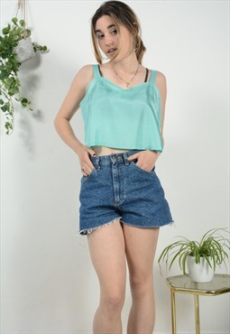 Reworked 90s Pastel Turquoise Satin Cropped Vest Top