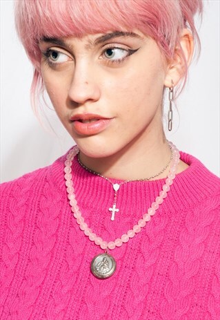 VINTAGE CROSS CHOKER 90S REWORKED ROSE QUARTZ NECKLACE SET