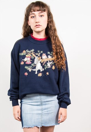 VINTAGE 90'S NAVY BLUE CUTE ANIMAL PRINT SWEATSHIRT