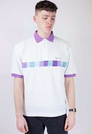 VINTAGE ELLESSE PURPLE PATTERN WHITE POLO SHIRT